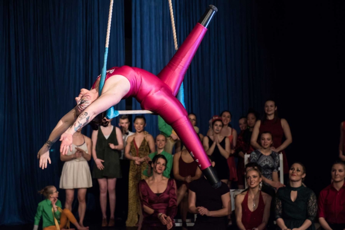 necca-brattleboro-reformer-december-2016-FEAT photo of Erin Ball, double leg amputee, performing at NECCA's Flying Nut Christmas show
