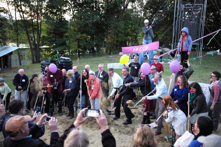 necca-brattleboro-reformer-october-2016-FEAT photo of a group of people shoveling in clown noses at the NECCA construction site