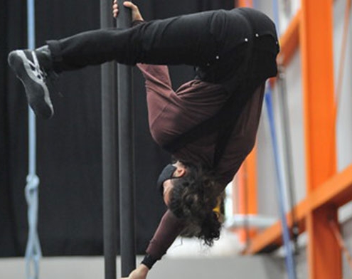 image of a chinese pole artist doing a handstand on the pole